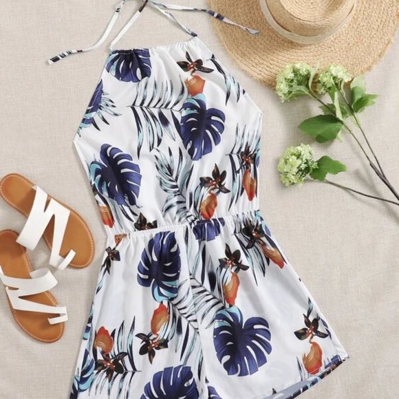 Tops - White/Blue Tropical Romper in L